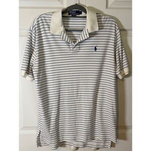 Polo Ralph Lauren Mens Large White Blue Striped Short Sleeve Cotton Polo Shirt